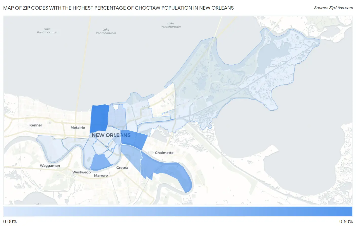 Zip Codes with the Highest Percentage of Choctaw Population in New Orleans Map