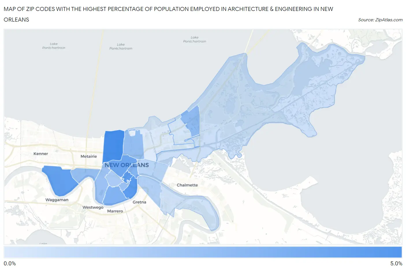 Zip Codes with the Highest Percentage of Population Employed in Architecture & Engineering in New Orleans Map
