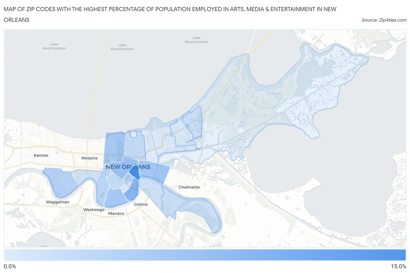 Zip Codes with the Highest Percentage of Population Employed in Arts, Media & Entertainment in New Orleans Map