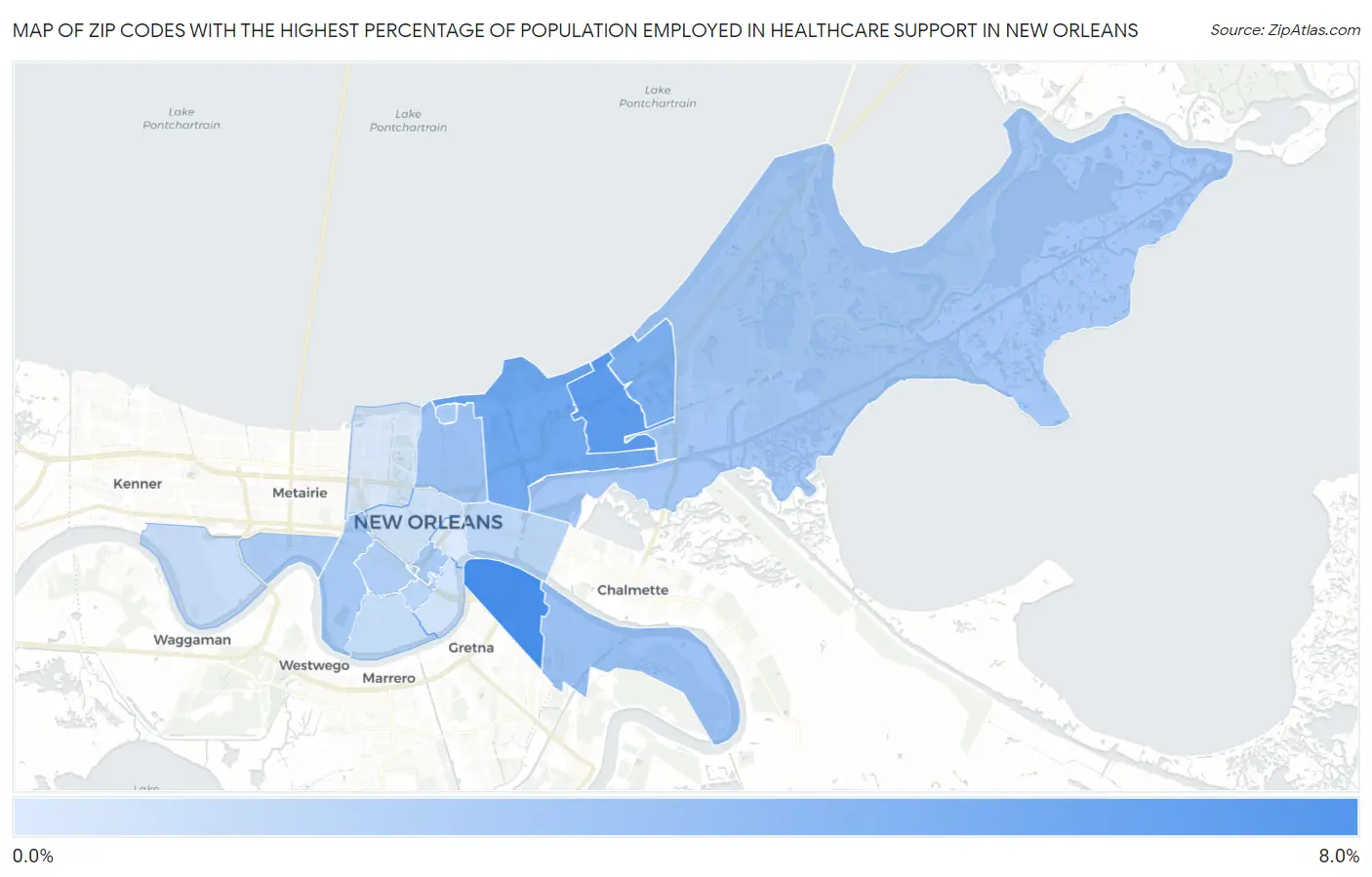 Zip Codes with the Highest Percentage of Population Employed in Healthcare Support in New Orleans Map