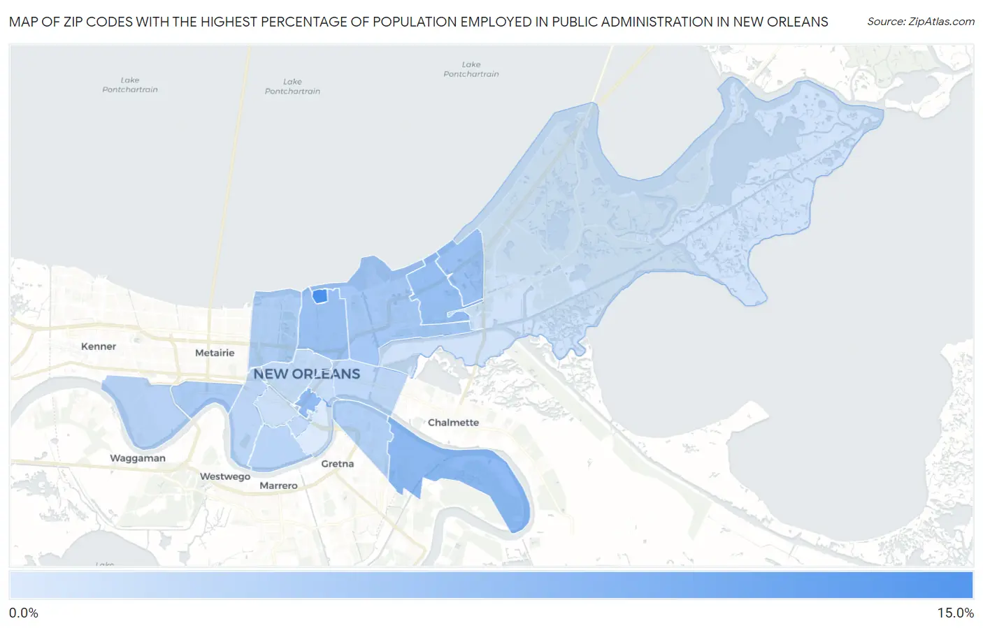 Zip Codes with the Highest Percentage of Population Employed in Public Administration in New Orleans Map