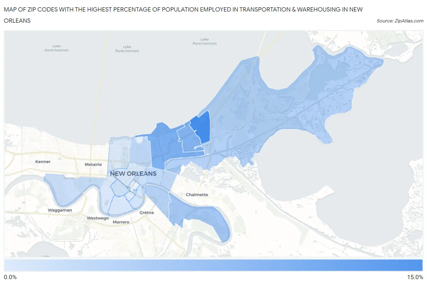 Zip Codes with the Highest Percentage of Population Employed in Transportation & Warehousing in New Orleans Map
