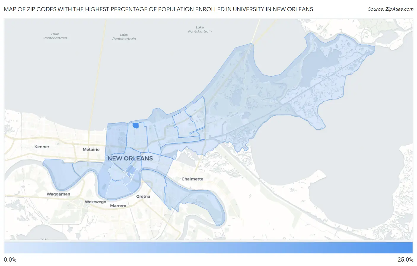 Zip Codes with the Highest Percentage of Population Enrolled in University in New Orleans Map