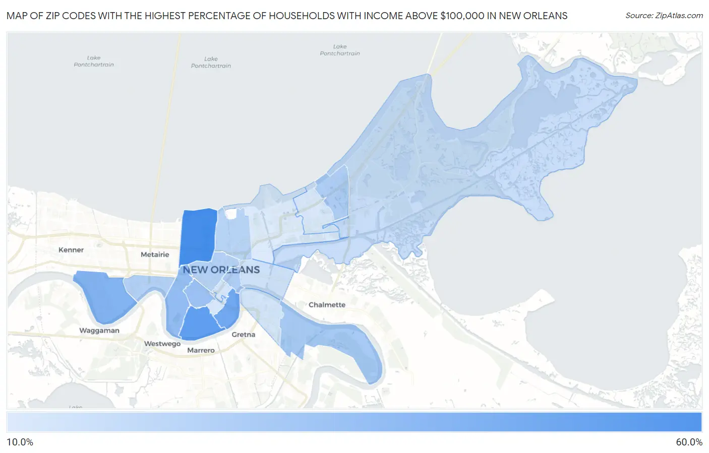 Zip Codes with the Highest Percentage of Households with Income Above $100,000 in New Orleans Map