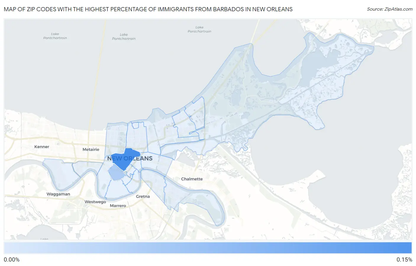 Zip Codes with the Highest Percentage of Immigrants from Barbados in New Orleans Map