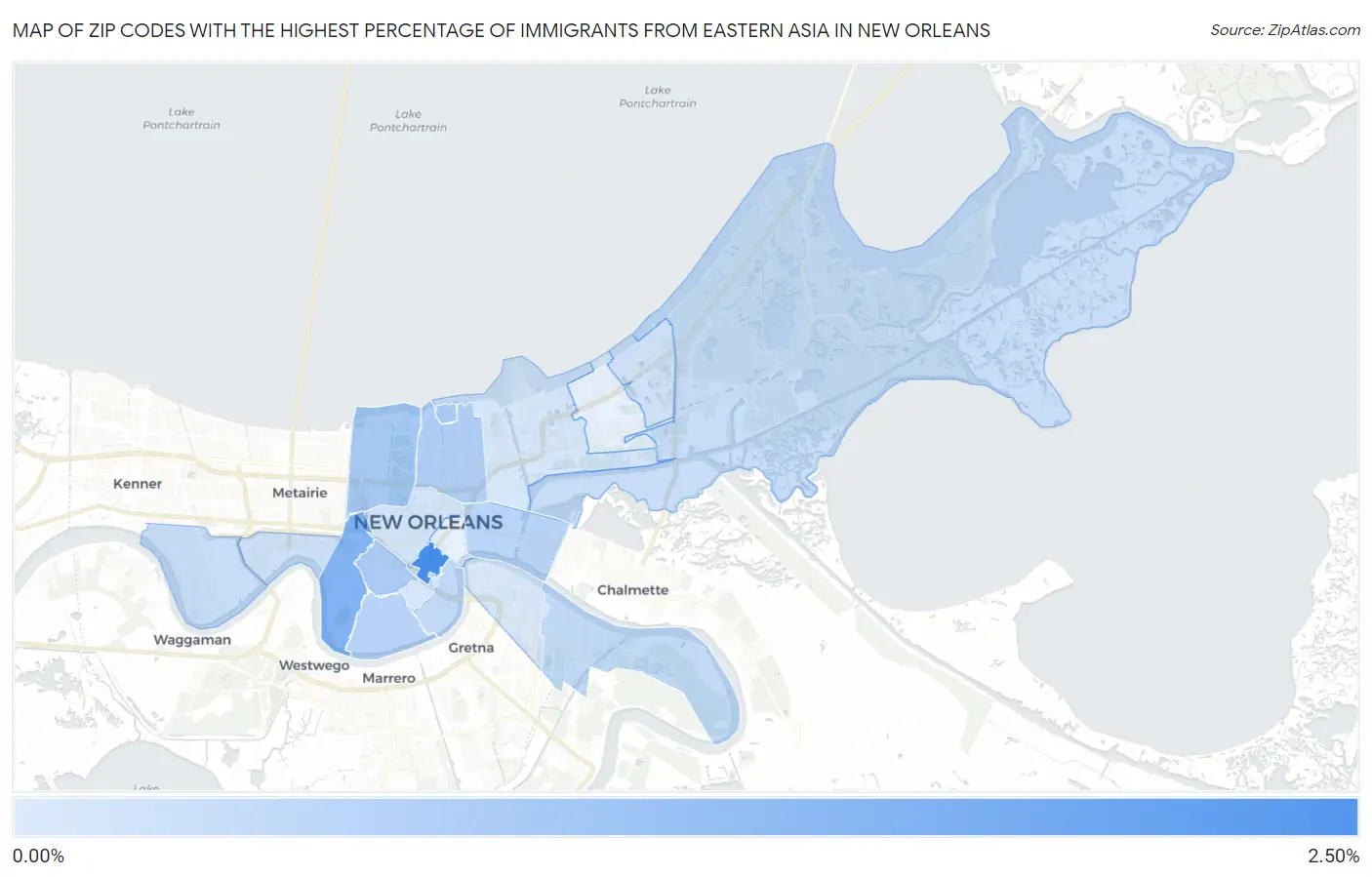 Zip Codes with the Highest Percentage of Immigrants from Eastern Asia in New Orleans Map