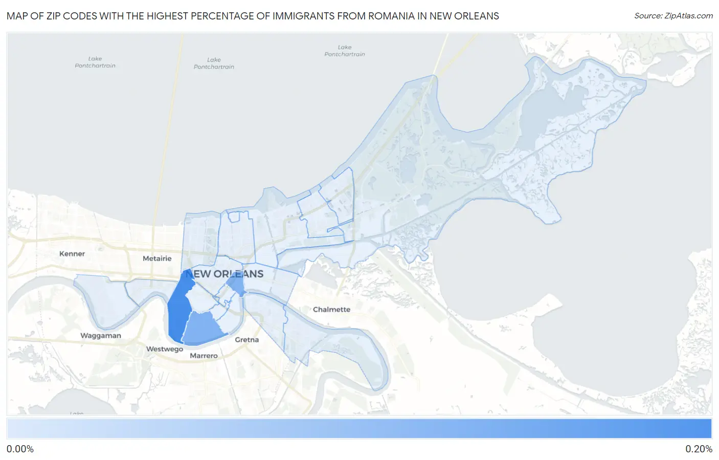Zip Codes with the Highest Percentage of Immigrants from Romania in New Orleans Map