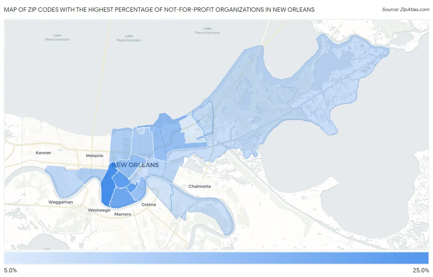 Zip Codes with the Highest Percentage of Not-for-profit Organizations in New Orleans Map