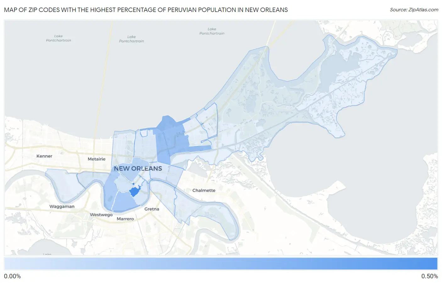Zip Codes with the Highest Percentage of Peruvian Population in New Orleans Map