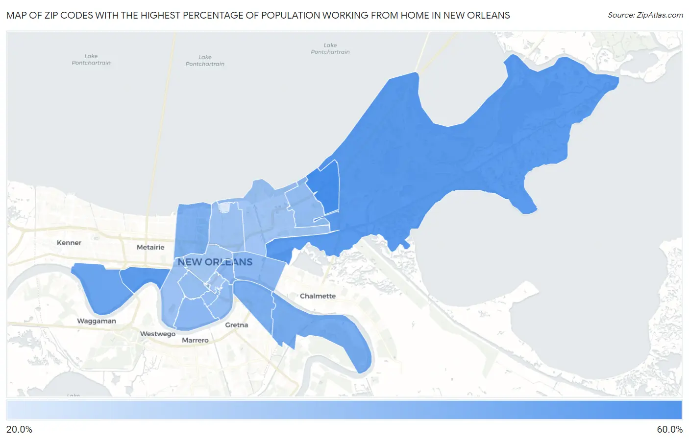 Zip Codes with the Highest Percentage of Population Working from Home in New Orleans Map
