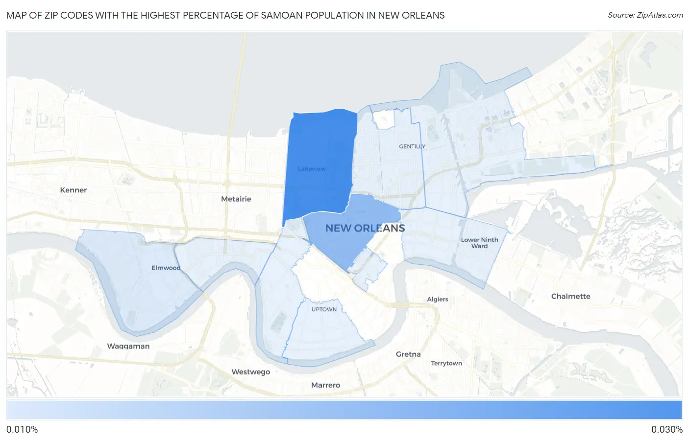Zip Codes with the Highest Percentage of Samoan Population in New Orleans Map
