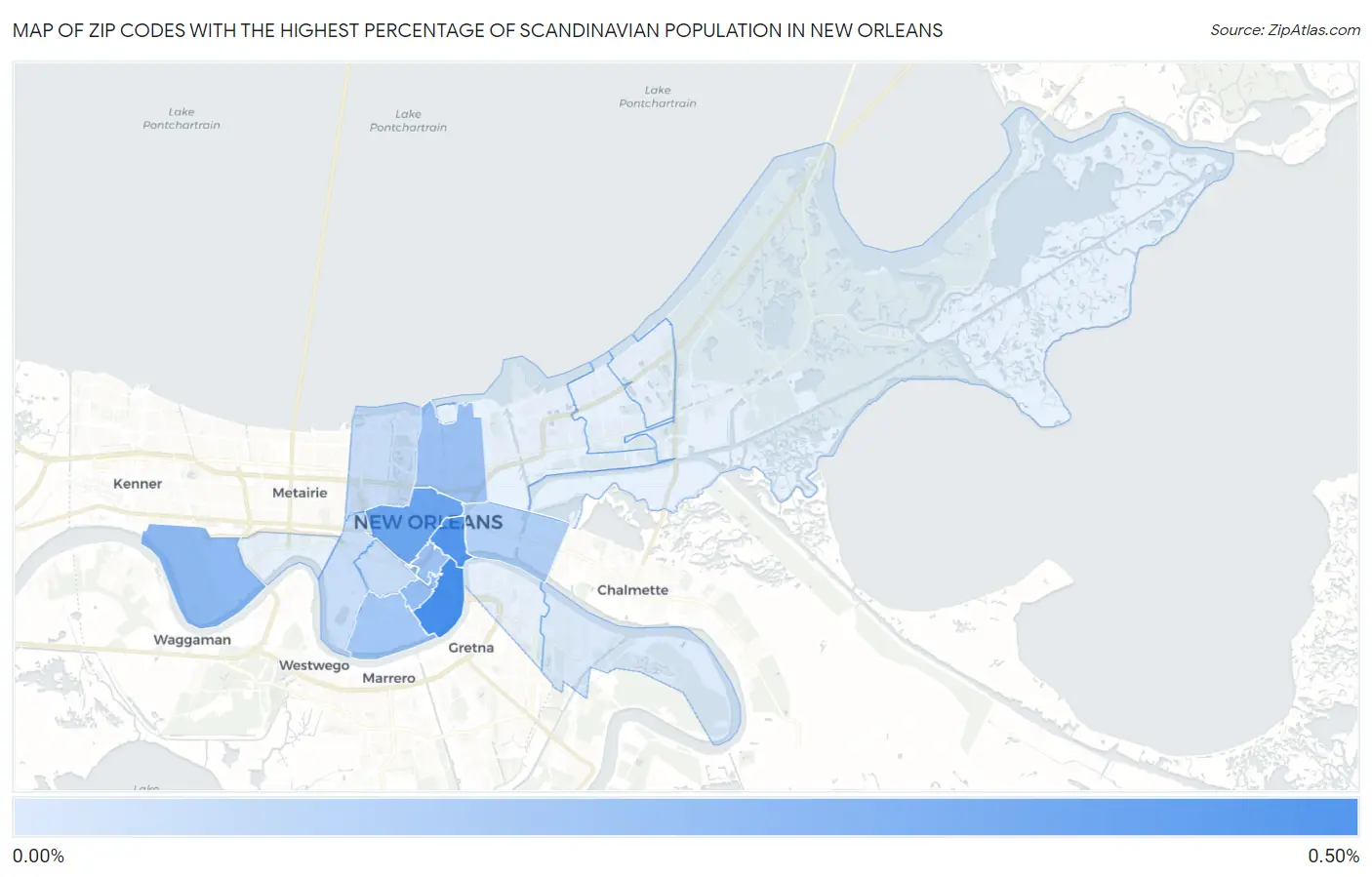 Zip Codes with the Highest Percentage of Scandinavian Population in New Orleans Map