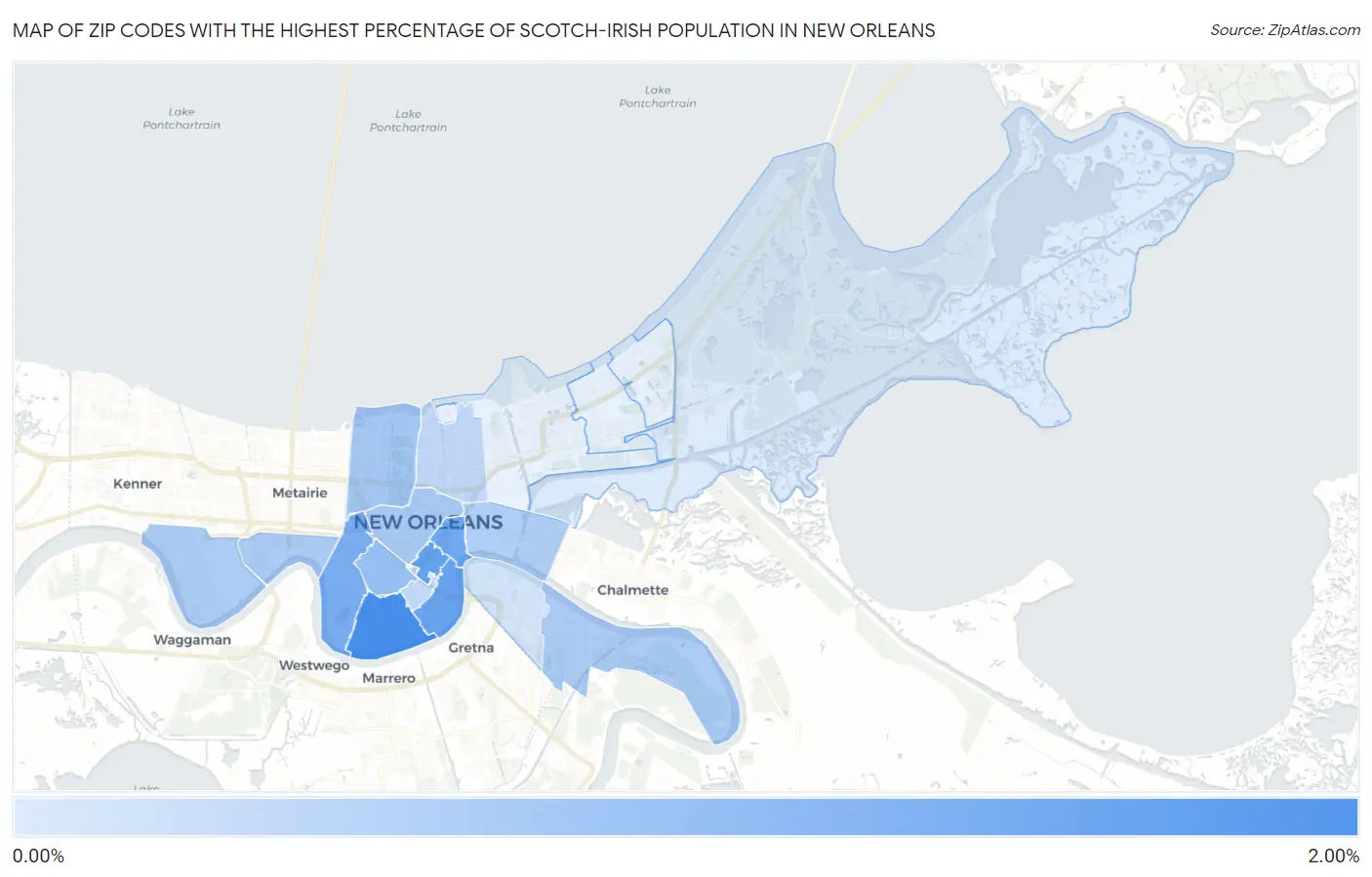 Zip Codes with the Highest Percentage of Scotch-Irish Population in New Orleans Map
