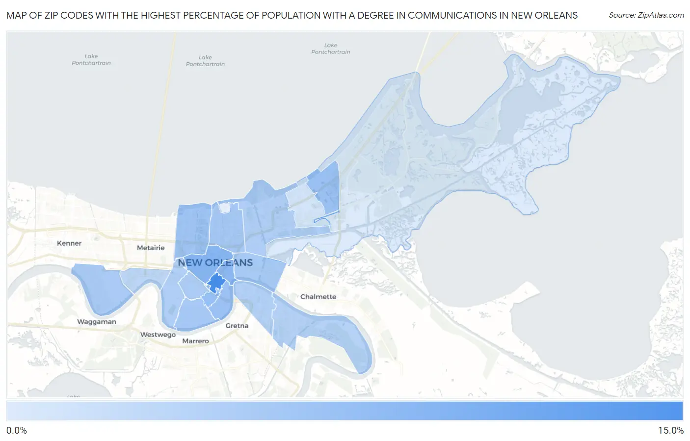 Zip Codes with the Highest Percentage of Population with a Degree in Communications in New Orleans Map