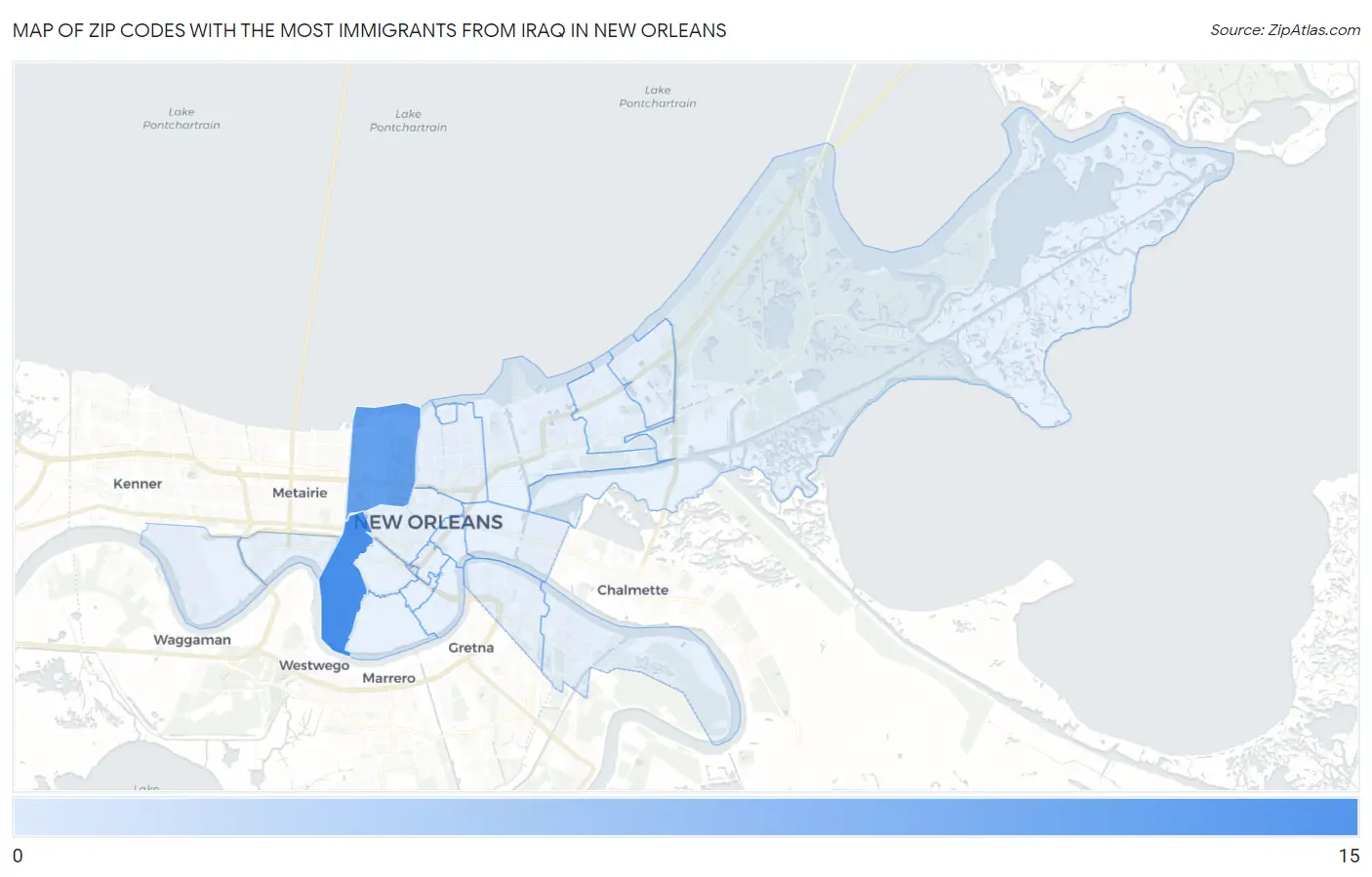 Zip Codes with the Most Immigrants from Iraq in New Orleans Map