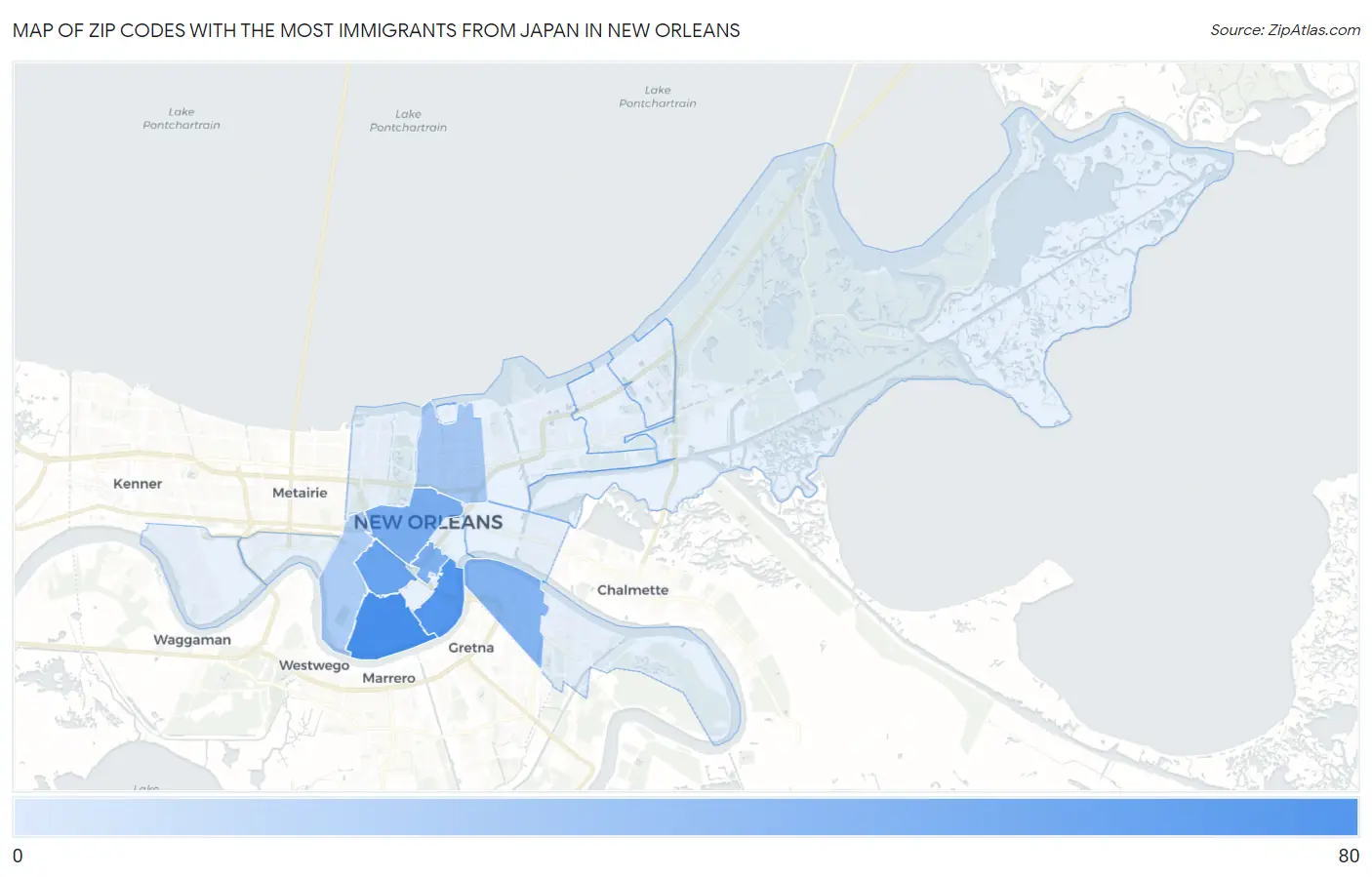 Zip Codes with the Most Immigrants from Japan in New Orleans Map