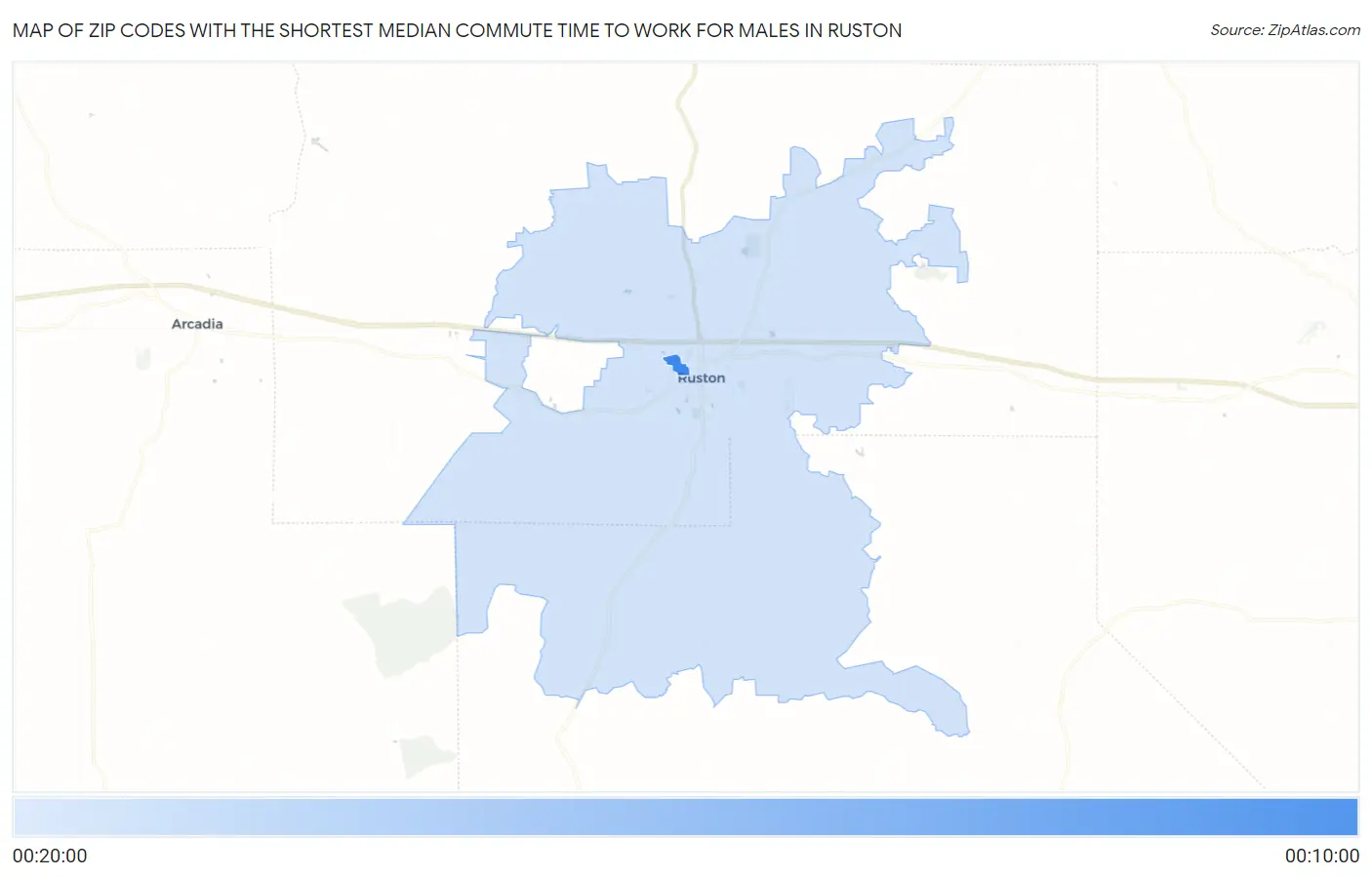 Zip Codes with the Shortest Median Commute Time to Work for Males in Ruston Map