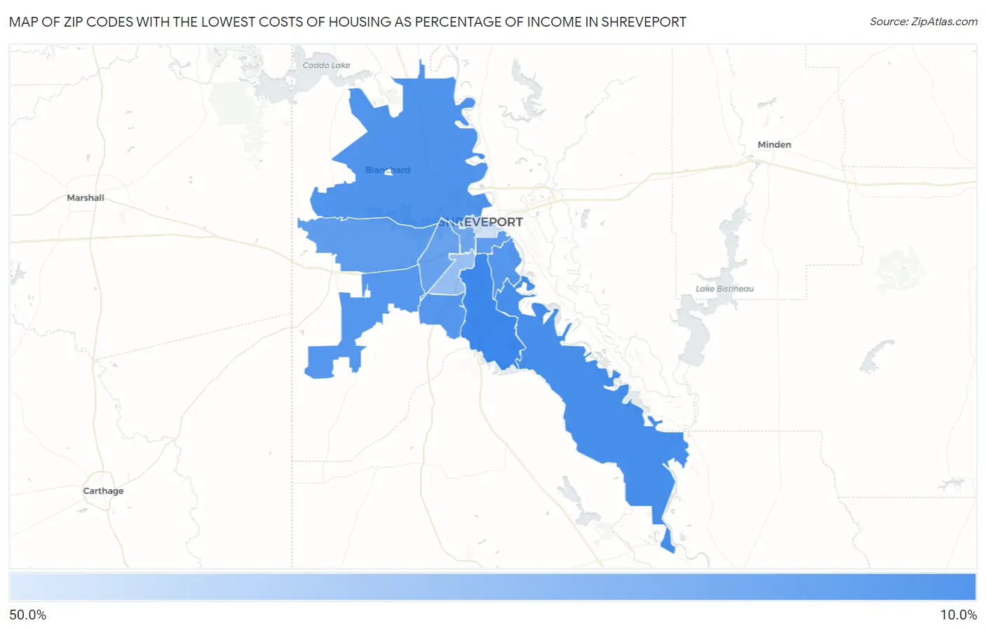 Zip Codes with the Lowest Costs of Housing as Percentage of Income in Shreveport Map