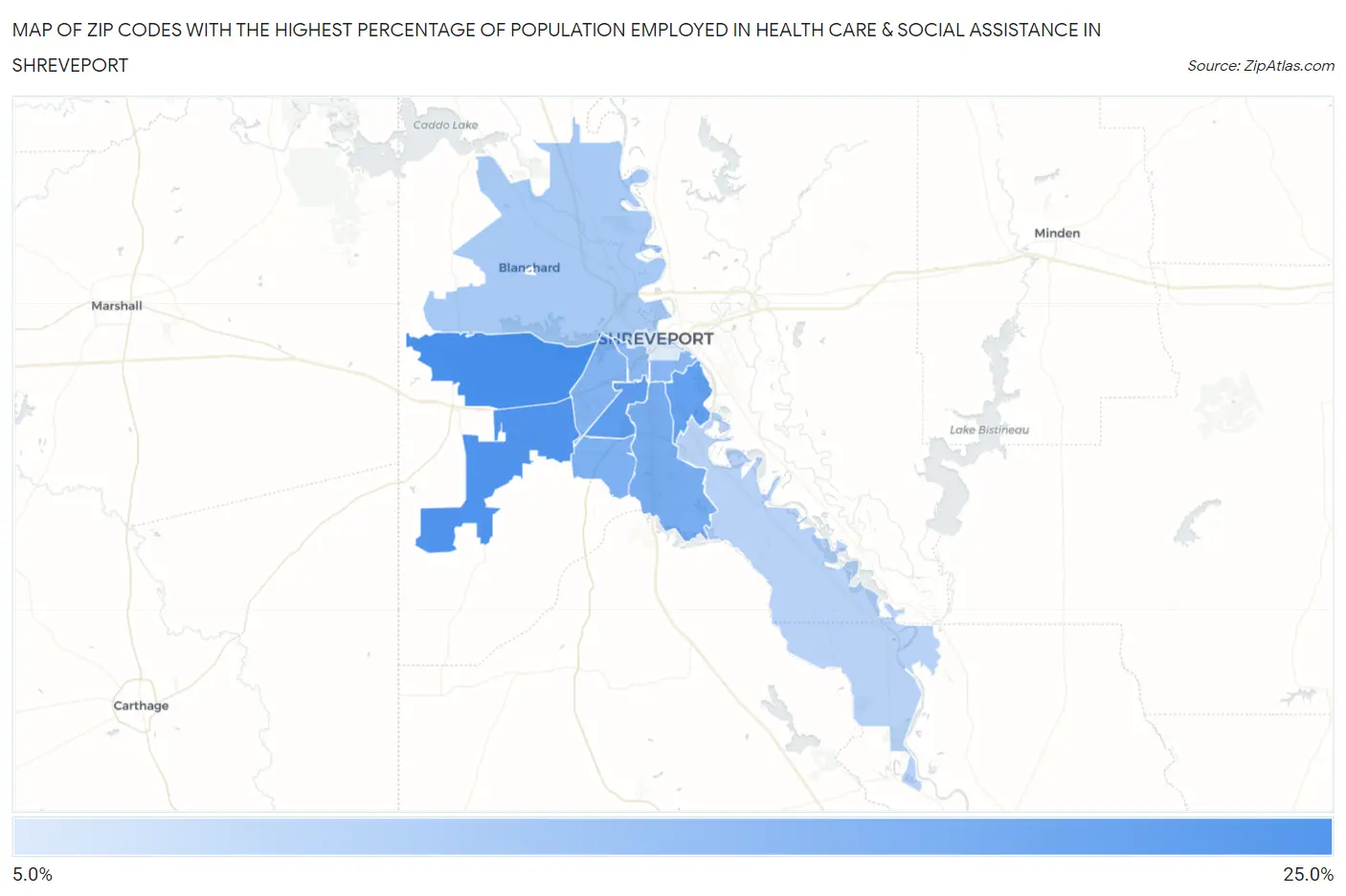 Zip Codes with the Highest Percentage of Population Employed in Health Care & Social Assistance in Shreveport Map