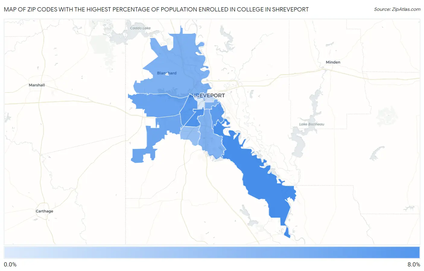 Zip Codes with the Highest Percentage of Population Enrolled in College in Shreveport Map