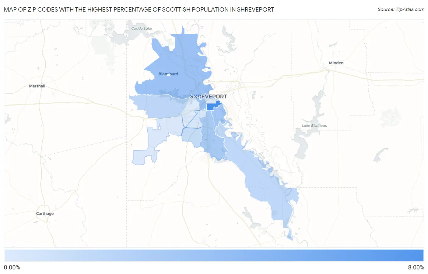 Zip Codes with the Highest Percentage of Scottish Population in Shreveport Map