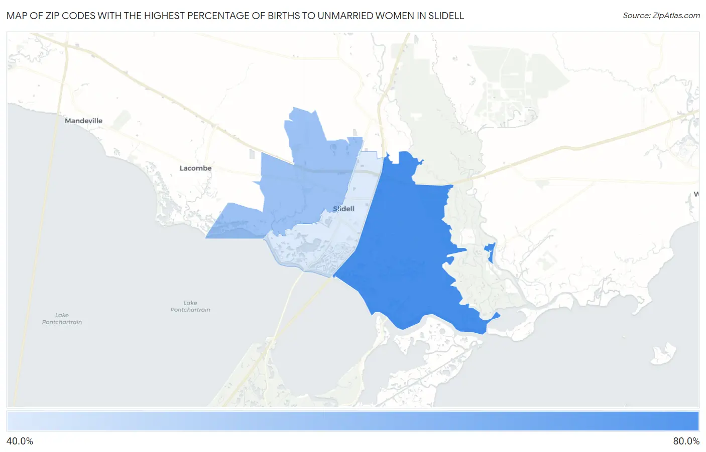 Zip Codes with the Highest Percentage of Births to Unmarried Women in Slidell Map