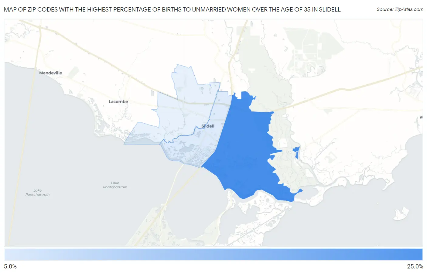 Zip Codes with the Highest Percentage of Births to Unmarried Women over the Age of 35 in Slidell Map