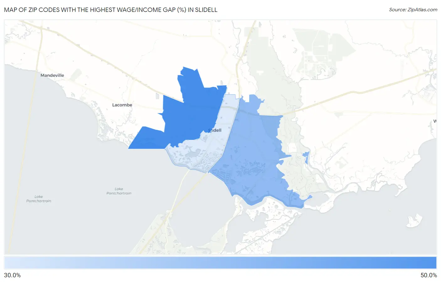 Zip Codes with the Highest Wage/Income Gap (%) in Slidell Map