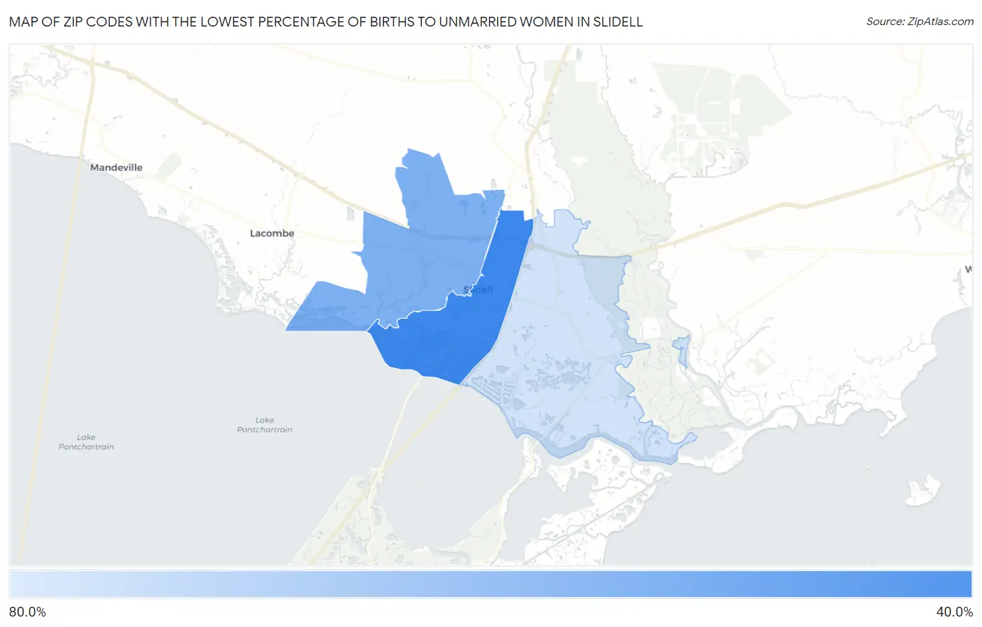 Zip Codes with the Lowest Percentage of Births to Unmarried Women in Slidell Map