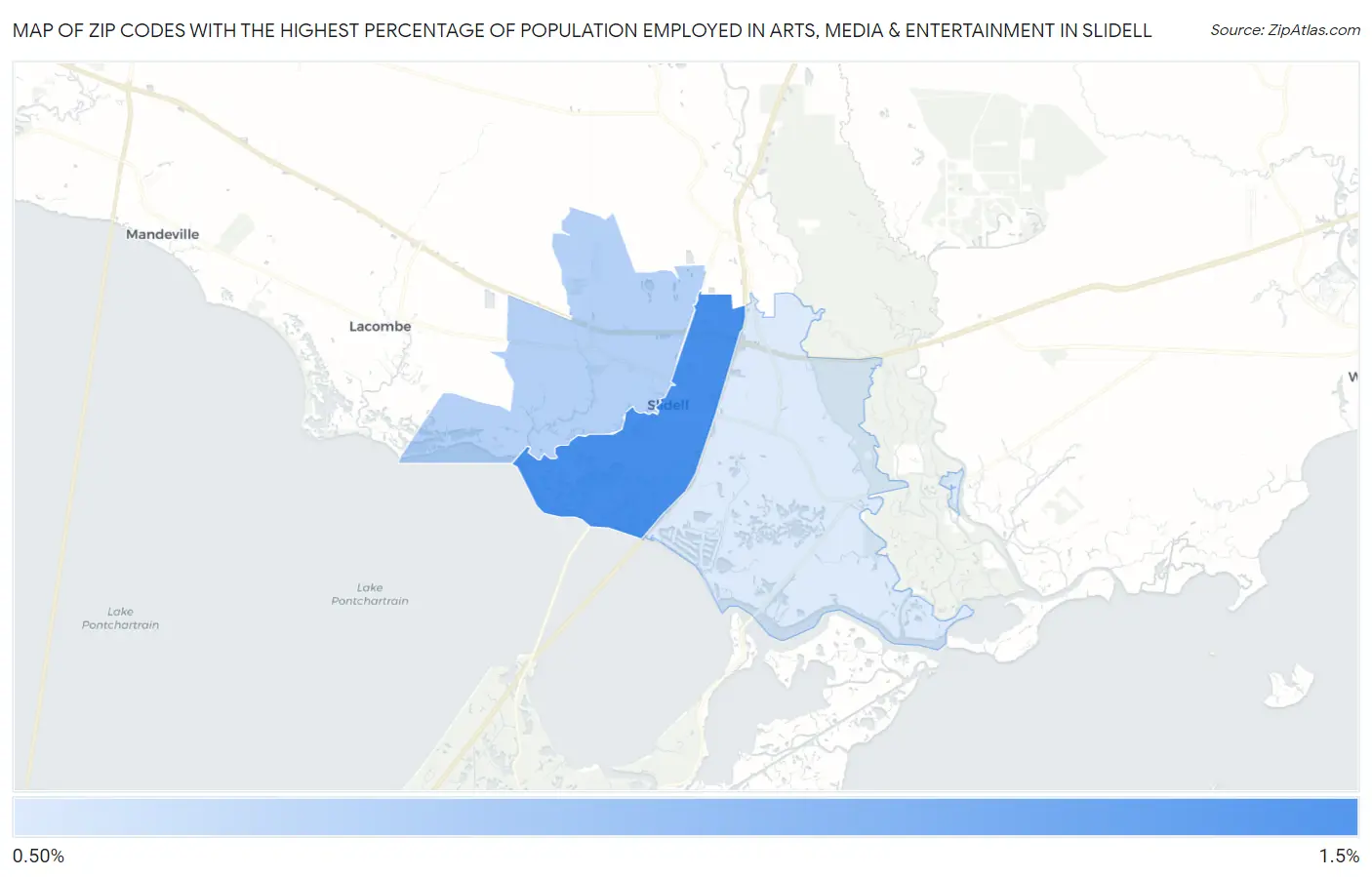 Zip Codes with the Highest Percentage of Population Employed in Arts, Media & Entertainment in Slidell Map