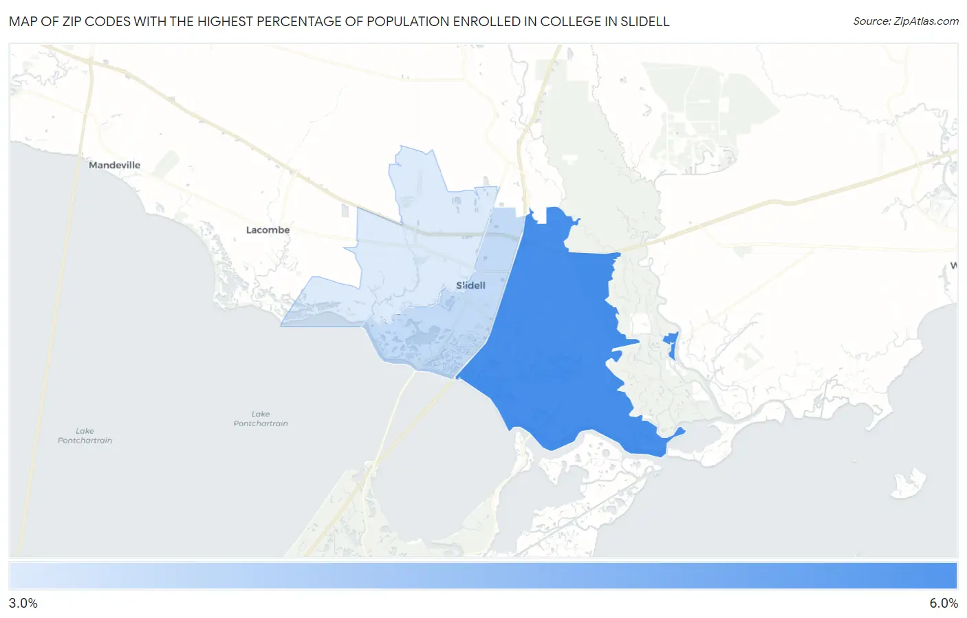 Zip Codes with the Highest Percentage of Population Enrolled in College in Slidell Map