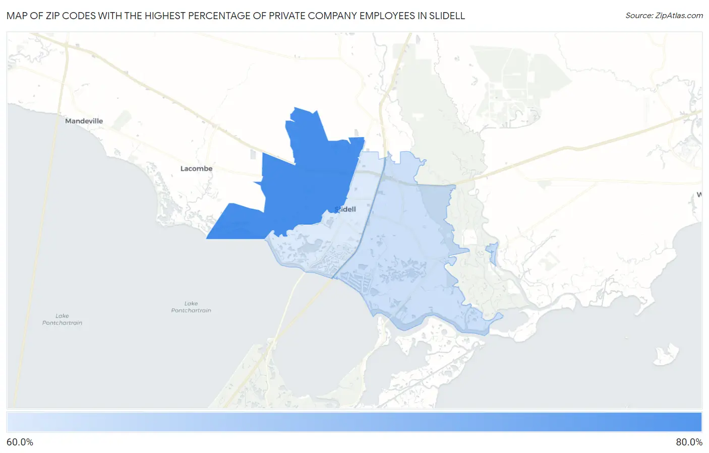 Zip Codes with the Highest Percentage of Private Company Employees in Slidell Map