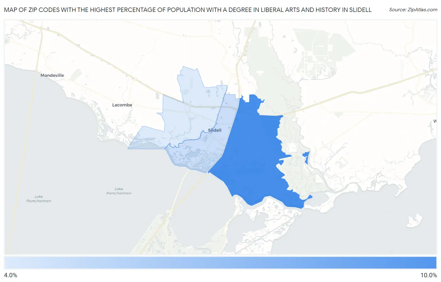 Zip Codes with the Highest Percentage of Population with a Degree in Liberal Arts and History in Slidell Map