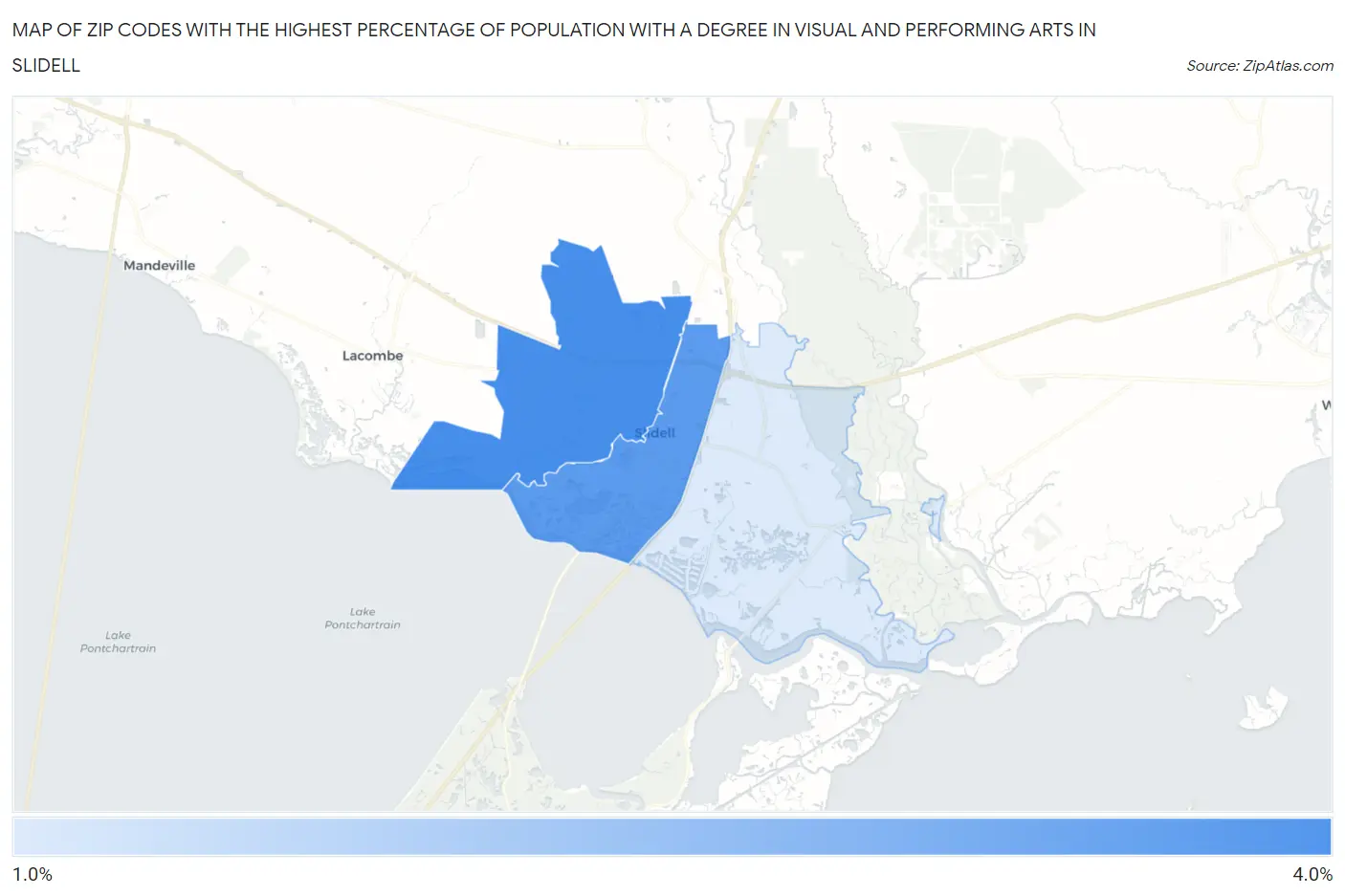 Zip Codes with the Highest Percentage of Population with a Degree in Visual and Performing Arts in Slidell Map