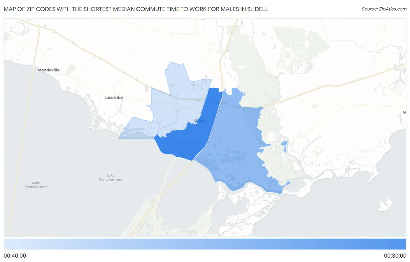 Zip Codes with the Shortest Median Commute Time to Work for Males in Slidell Map