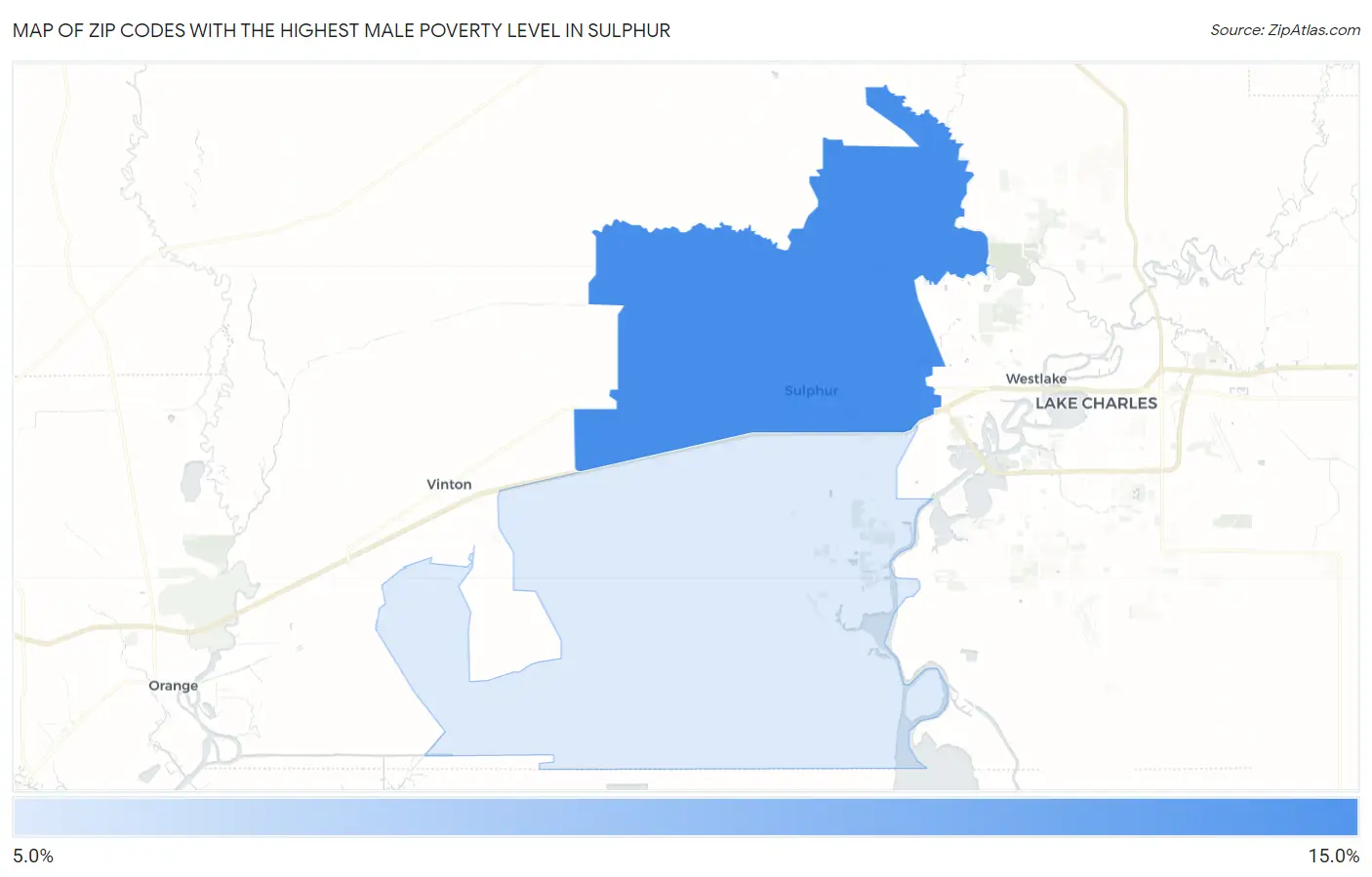Zip Codes with the Highest Male Poverty Level in Sulphur Map