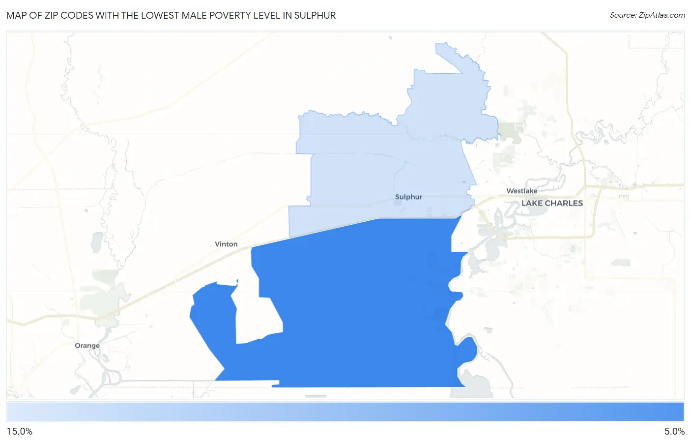 Zip Codes with the Lowest Male Poverty Level in Sulphur Map