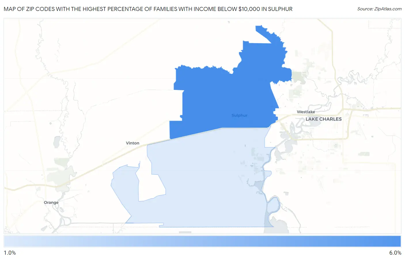 Zip Codes with the Highest Percentage of Families with Income Below $10,000 in Sulphur Map