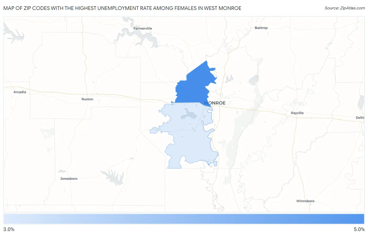 Zip Codes with the Highest Unemployment Rate Among Females in West Monroe Map