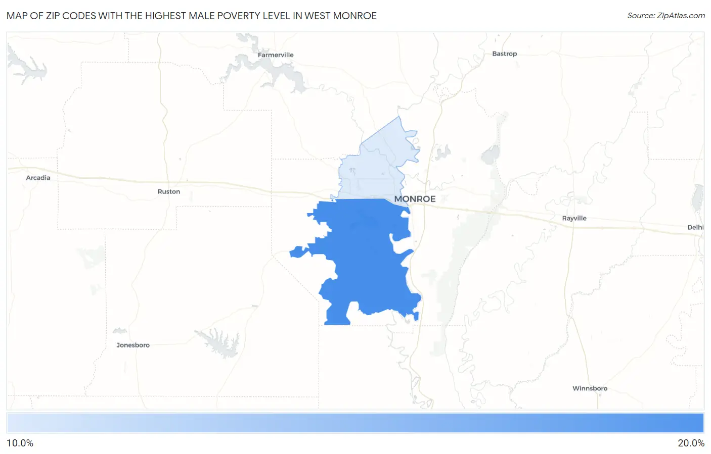 Zip Codes with the Highest Male Poverty Level in West Monroe Map