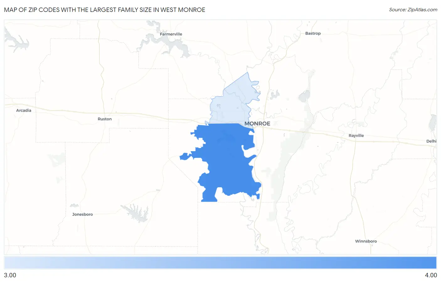 Zip Codes with the Largest Family Size in West Monroe Map