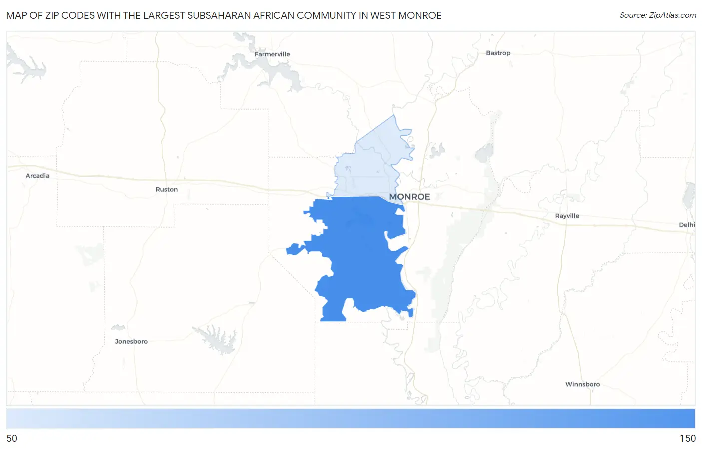Zip Codes with the Largest Subsaharan African Community in West Monroe Map