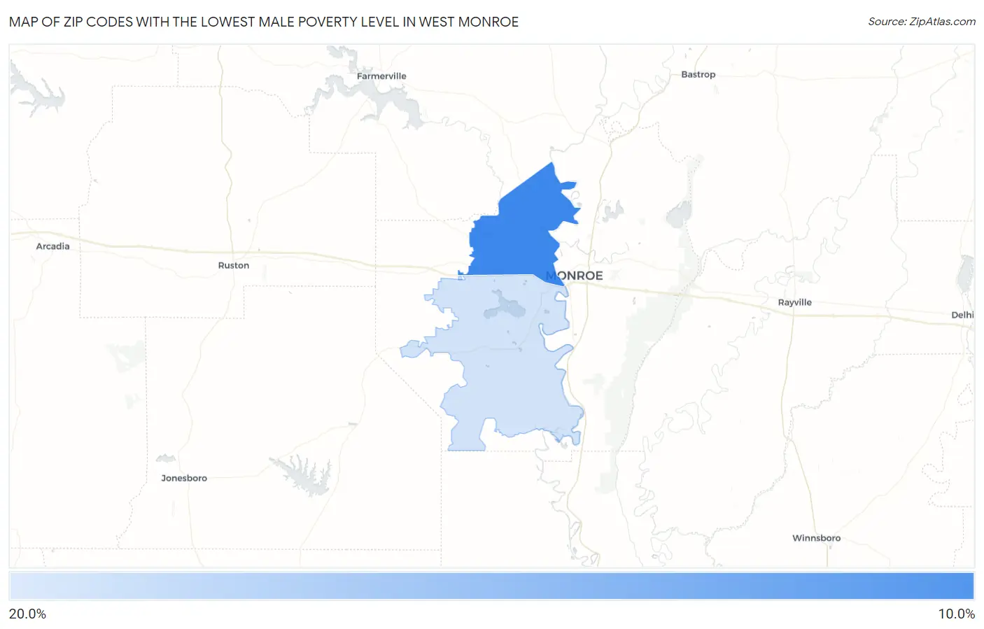 Zip Codes with the Lowest Male Poverty Level in West Monroe Map