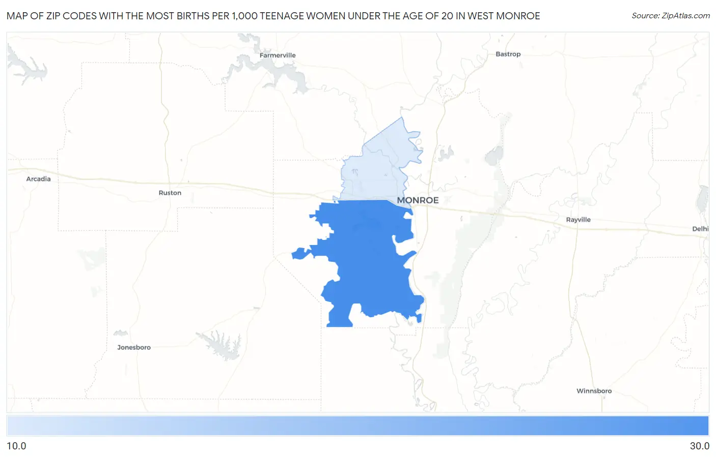 Zip Codes with the Most Births per 1,000 Teenage Women Under the Age of 20 in West Monroe Map