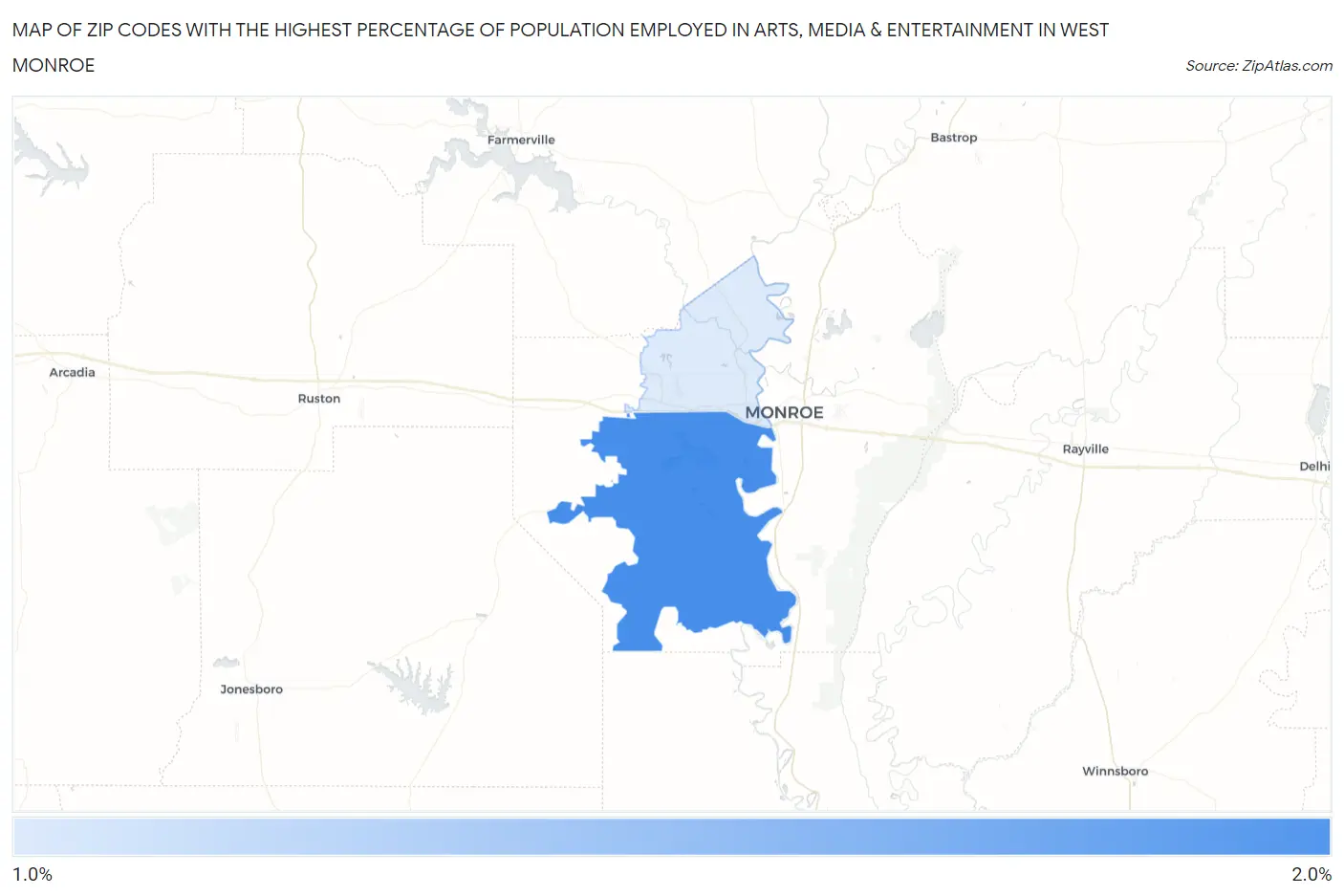 Zip Codes with the Highest Percentage of Population Employed in Arts, Media & Entertainment in West Monroe Map