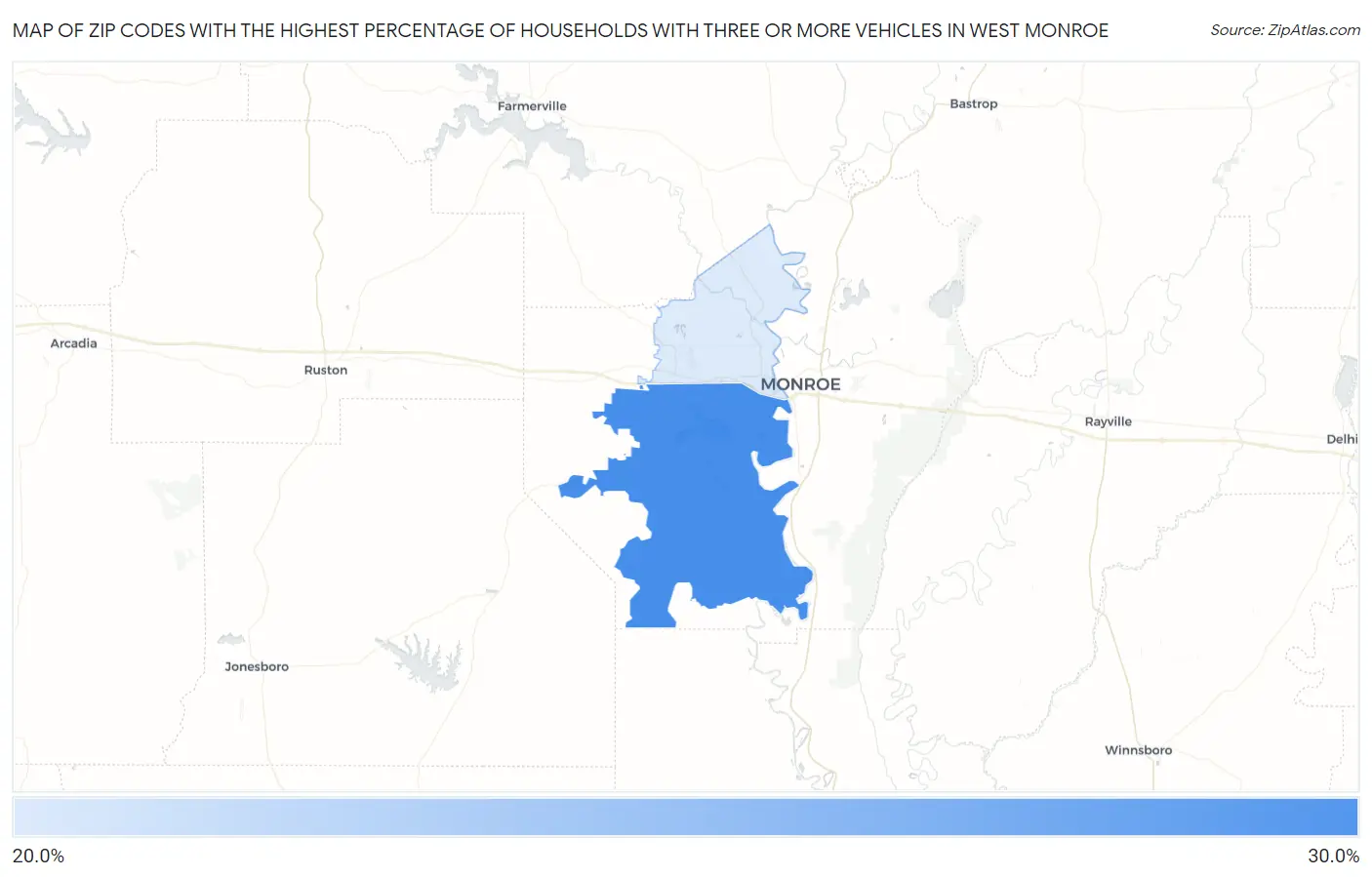Zip Codes with the Highest Percentage of Households With Three or more Vehicles in West Monroe Map