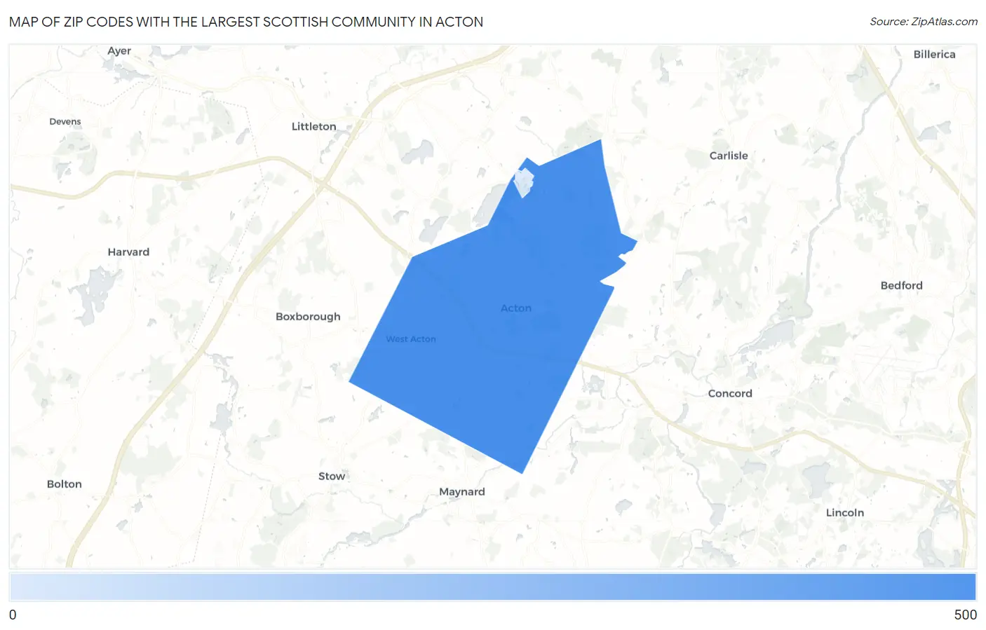 Zip Codes with the Largest Scottish Community in Acton Map