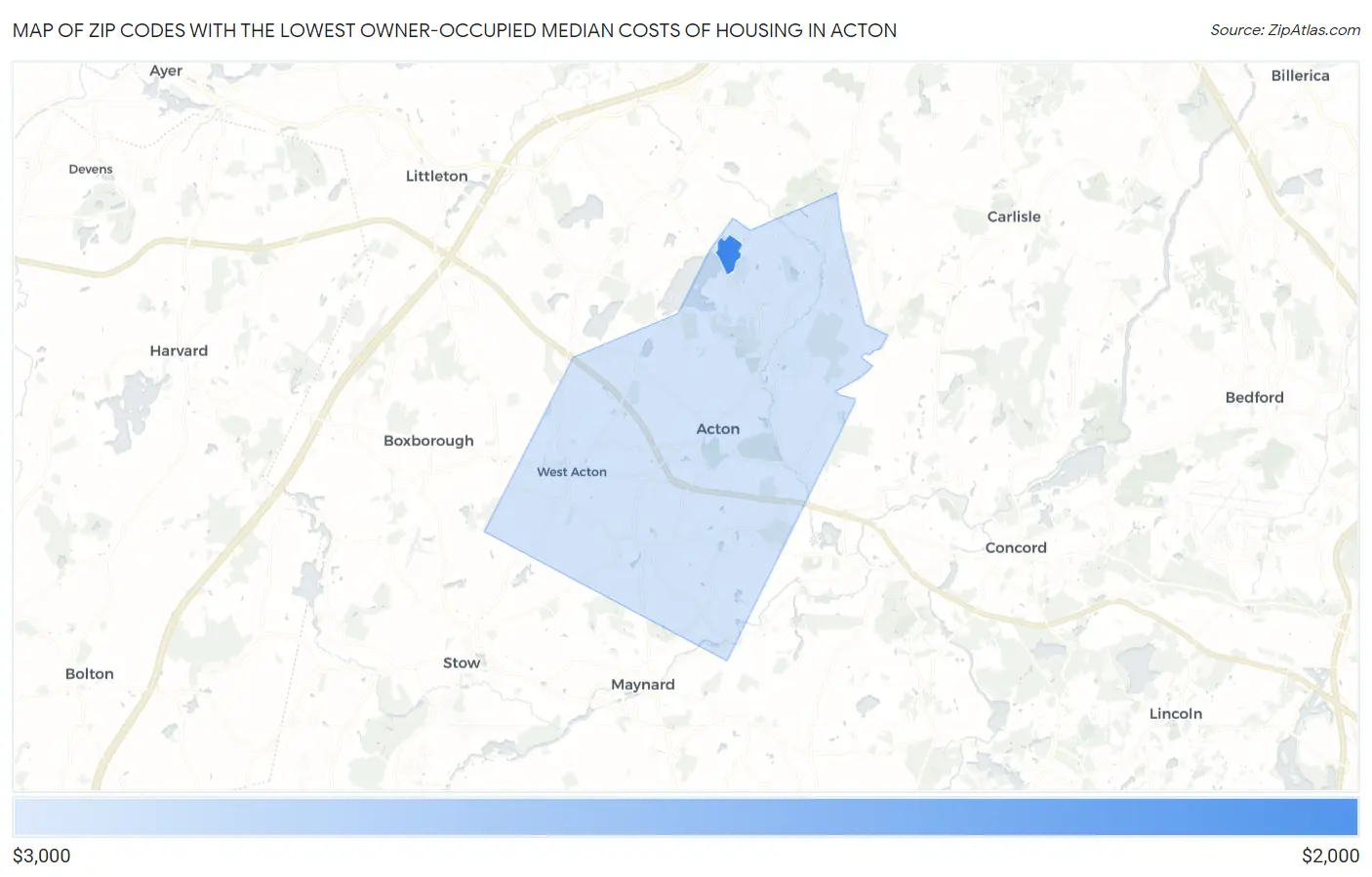Zip Codes with the Lowest Owner-Occupied Median Costs of Housing in Acton Map