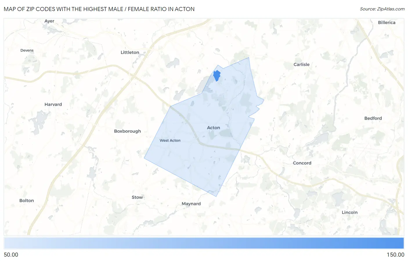 Zip Codes with the Highest Male / Female Ratio in Acton Map