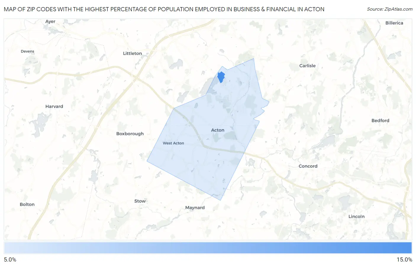 Zip Codes with the Highest Percentage of Population Employed in Business & Financial in Acton Map